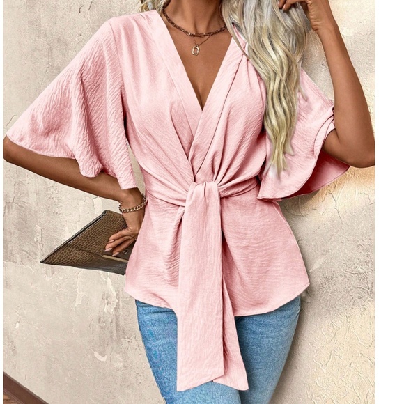 Classic Pink V neck Batwing Sleeve Front Tie Blouse - Picture 1 of 6